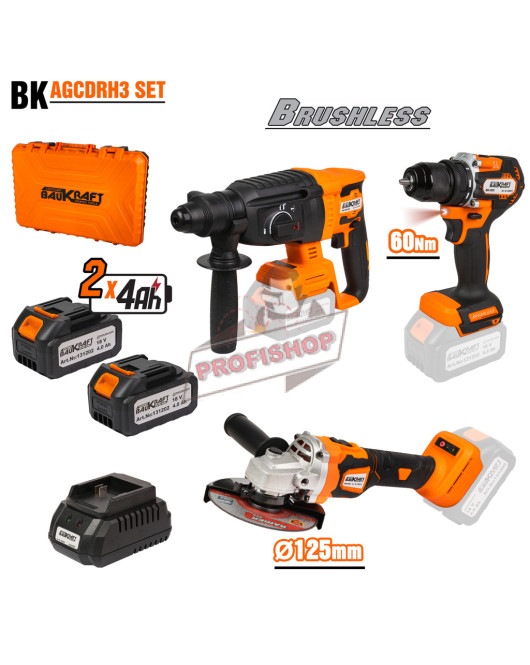 К-т акумулаторни ъглошлайф бормашина перфоратор Baukraft 18V, 2x4Ah и куфар BK-AGCDRH3