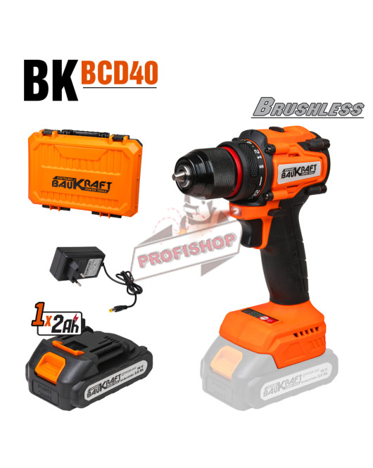 Акумулаторен безчетков винтоверт Baukraft BK-BCD40, 18 V, 2 Ah, 40 Nm, с батерия, зарядно и куфар,030612 Акумулаторен безчетков винтоверт Baukraft BK-BCD40, 18 V, 2 Ah, 40 Nm, с батерия, зарядно и куфар,030612