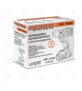 Акумулаторен винтоверт с безчетков мотор,13 мм , 18 V, 2 Ah, Premium HD 37998