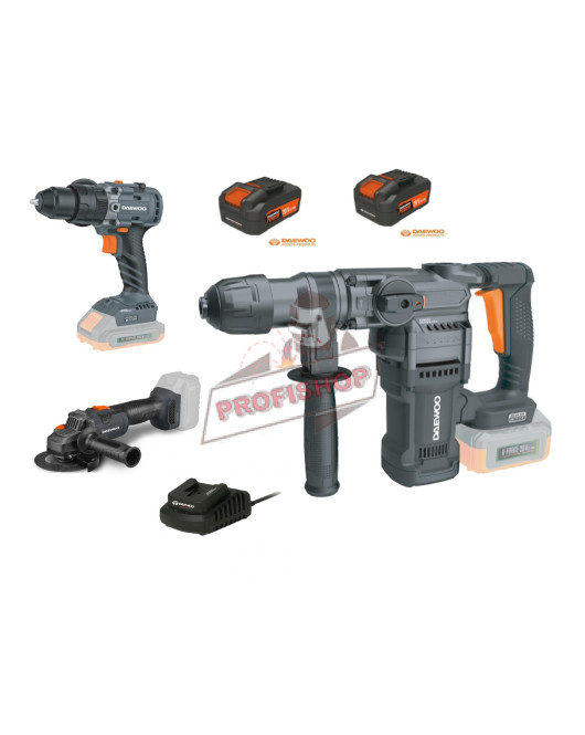 Комплект акумулатарни машини DAEWOO UNI-BAT, 20V, перфоратор DALRHBL20-45, бормашина DALIDBL20-80, ъглошлайф DALAGBL20-125 с две батерии 4Ah и зарядно устройство Комплект акумулатарни машини DAEWOO UNI-BAT, 20V, перфоратор DALRHBL20-45, бормашина DALIDBL20-80, ъглошлайф DALAGBL20-125 с две батерии 4Ah и зарядно устройство