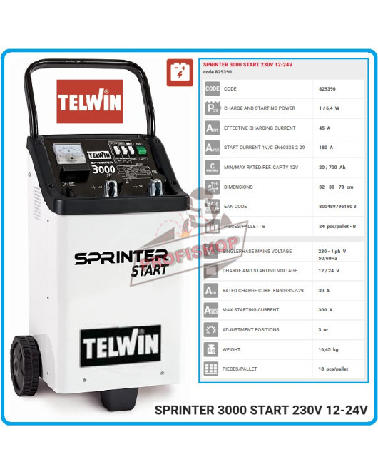 Зарядно стартерно устройство Sprinter 3000 / 1/6.4 kW, 12-24V TELWIN Зарядно стартерно устройство Sprinter 3000 / 1/6.4 kW, 12-24V TELWIN