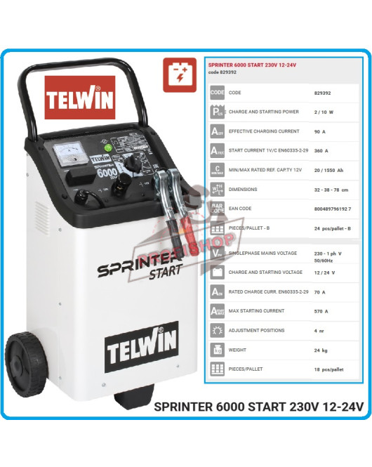 Зарядно стартерно устройство TELWIN Sprinter 6000 / 2/10 kW, 12-24V Зарядно стартерно устройство TELWIN Sprinter 6000 / 2/10 kW, 12-24V